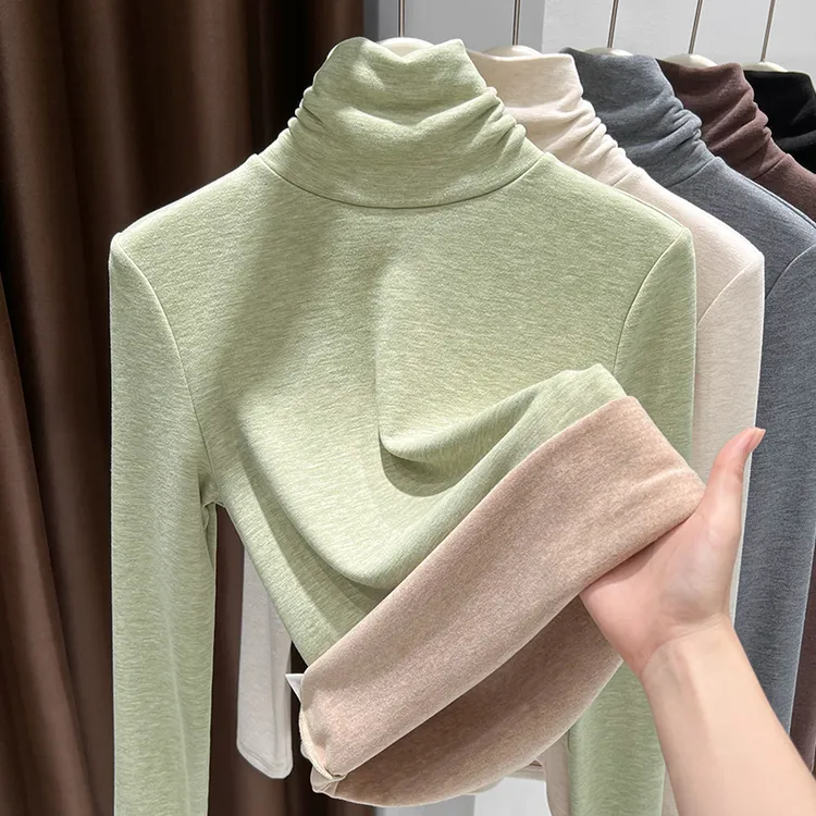 绿色堆堆领德绒打底衫女款秋冬新款内搭保暖小衫修身加绒加厚上衣