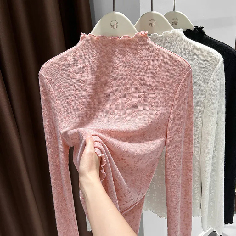 粉色半高领蕾丝上衣女春季新款内搭修身打底衫百搭薄款高级感小衫