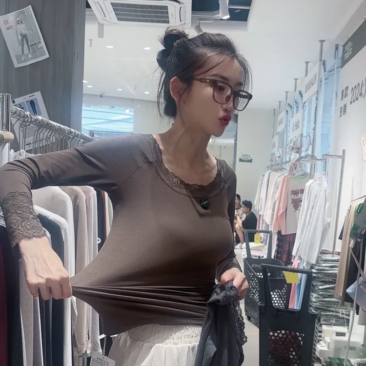 【上衣裤子可分开拍】娜娜高定秋冬新款轻奢风U领蕾丝拼接修身显瘦