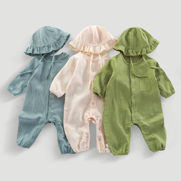婴幼儿夏季薄款连体服双层棉纱透气吸汗纯色带帽长袖爬服宝宝哈衣