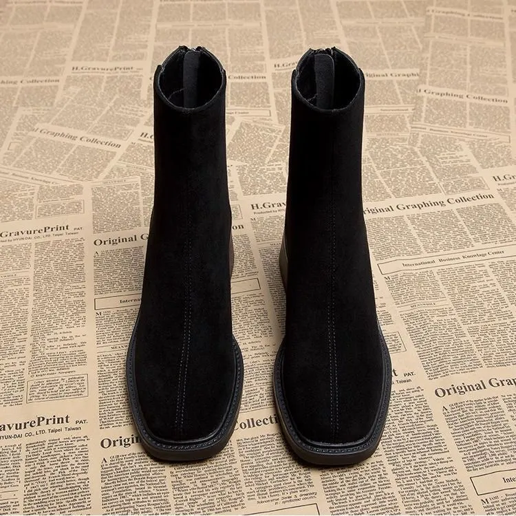 秋冬粗跟加绒时尚洋气英伦风百搭短靴女款中跟高跟鞋子法式复古