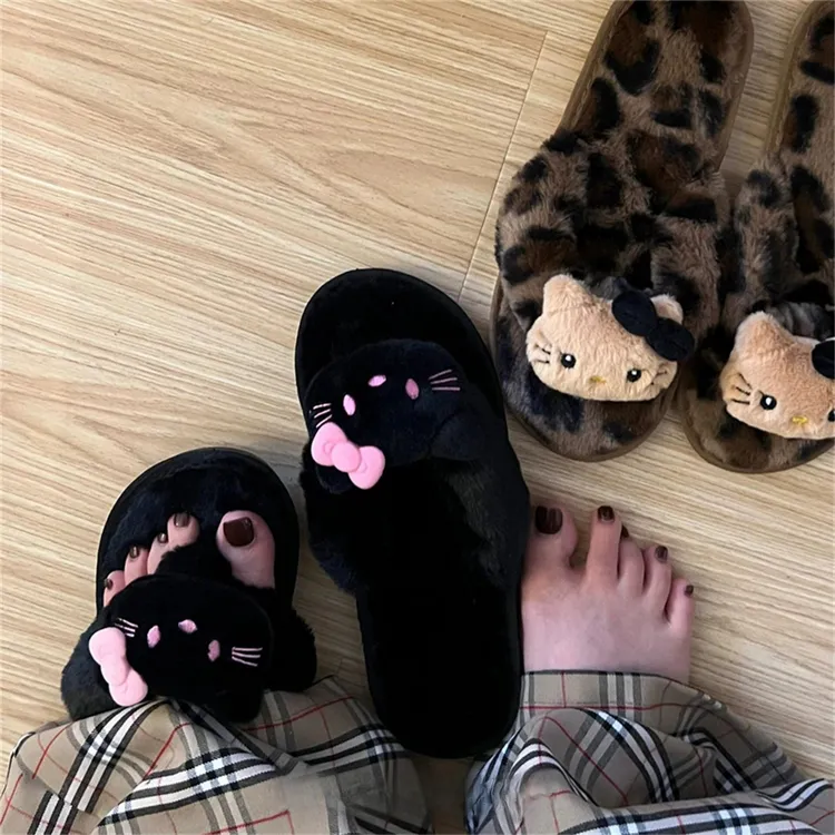 千禧辣妹豹纹棉拖防滑毛绒人字拖女可外穿卡通K T猫保暖居家棉鞋