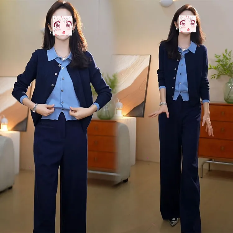 2025秋季气质名媛穿搭整套圆领长袖毛衣高腰直筒西装裤韩系两件套