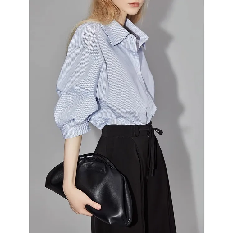 法式时尚洋气减龄条纹衬衫女2023秋季新款设计感宽松小众上衣