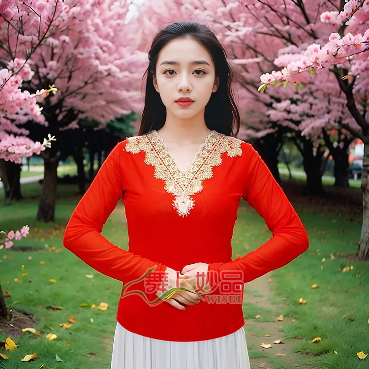 舞上妙品4新疆维吾尔族舞蹈服饰广场舞台服装网纱T恤夏装上衣外套