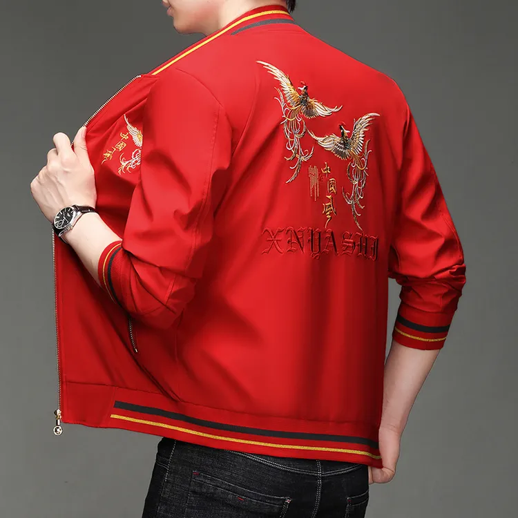 国潮新款时尚休闲凤凰刺绣男士夹克外套棒球领高档男装长袖上衣