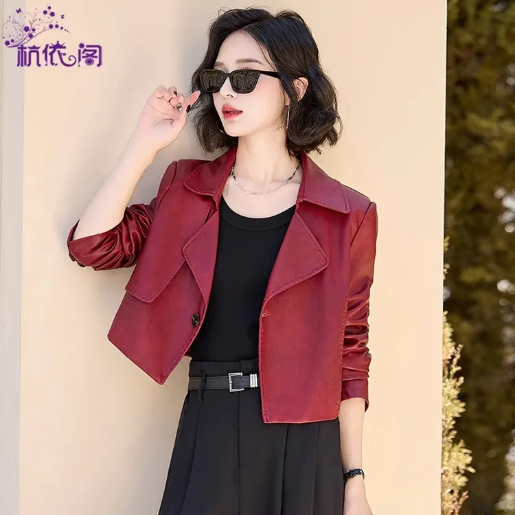 安可拉红皮衣外套女2025秋季新款小个子短款复古百搭机车夹克上衣