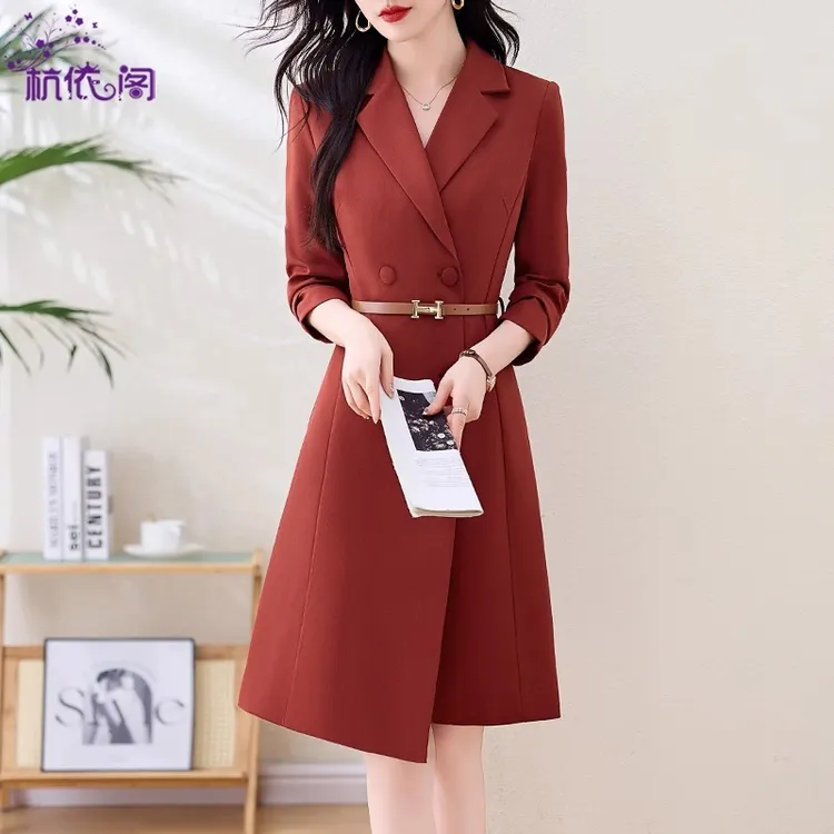 红色西装连衣裙女长袖2025新款春秋季轻奢高级感气质通勤显瘦裙子