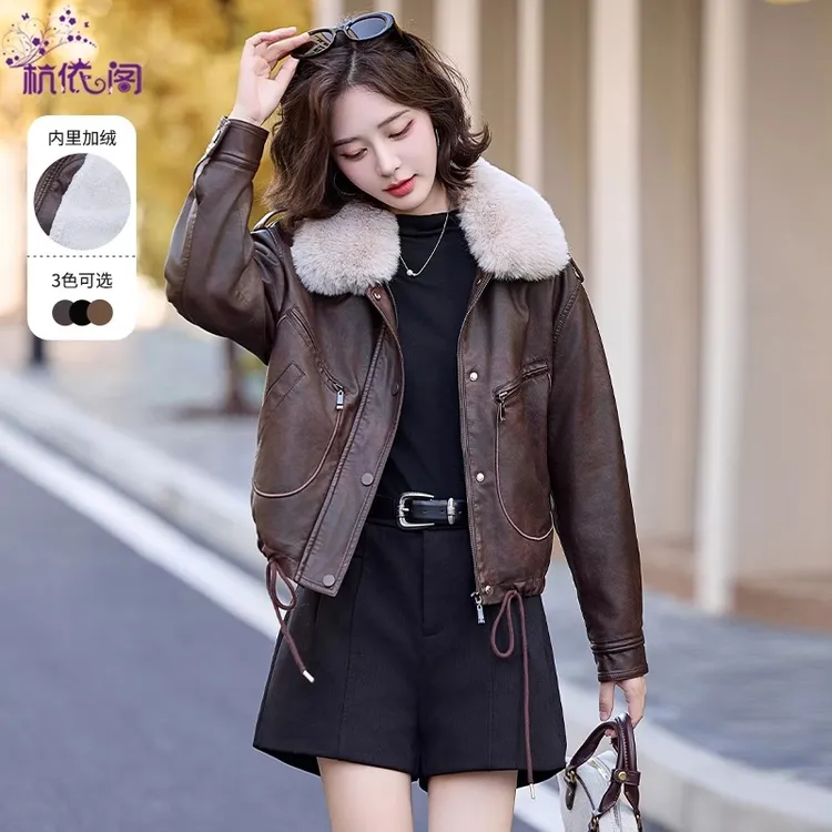 加绒加厚皮衣外套女短款2025冬季新款高级感复古毛领PU皮棉服夹克