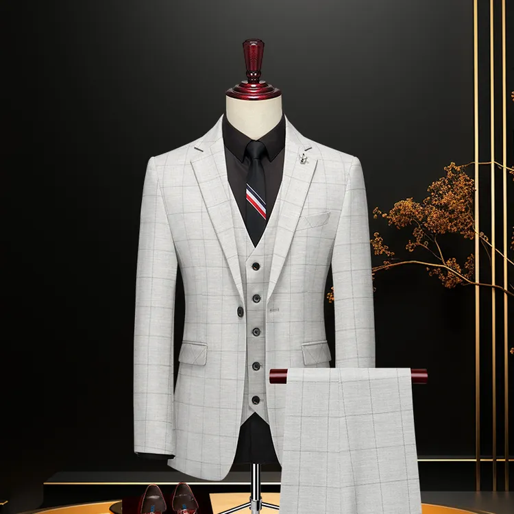 格纹西装套装男商务新郎结婚西服礼服男士休闲韩版单排扣后中开叉