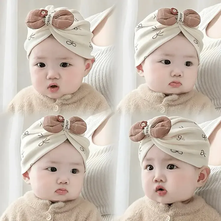 宝宝帽子春秋季蝴蝶结套头帽新生儿0-6月婴幼儿护囟门胎帽包头帽