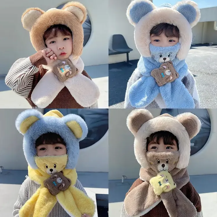 儿童帽子围巾一体口罩秋冬季男女宝宝毛绒三件套加绒加厚保暖围脖