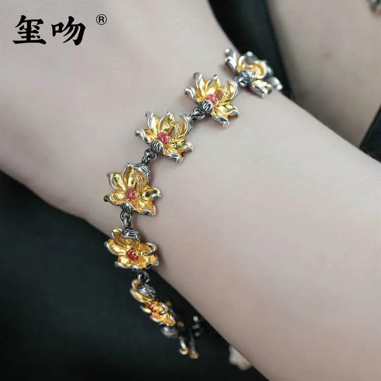 足银手链 【玺吻】足银999.9  莲花手链平安锁扣头烧蓝莲花手链