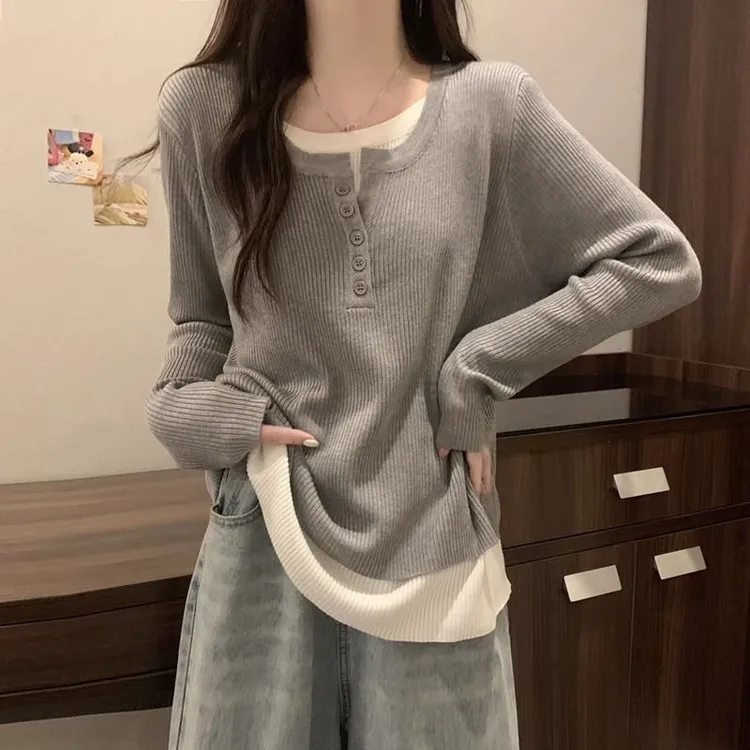 灰色假两件长袖德绒衫女秋冬新款宽松减龄内搭打底衫上衣