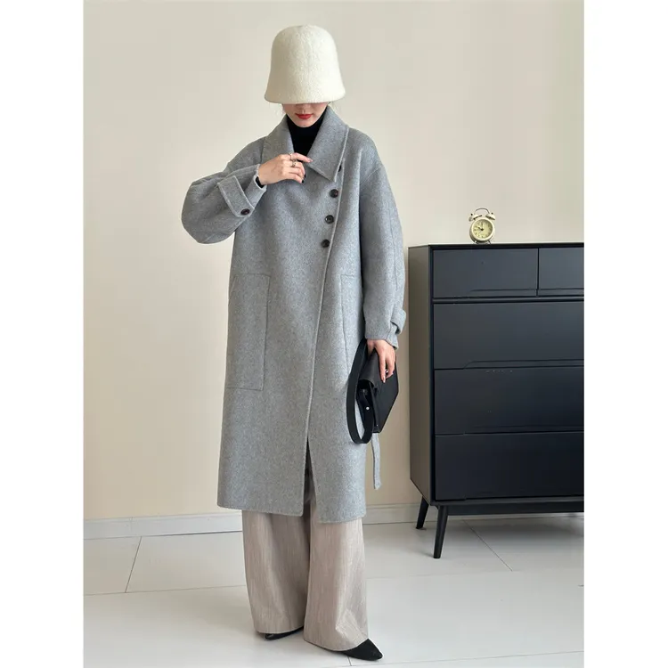 秋冬千金纯色立翻领侧边单排扣双面羊毛毛呢外套高级女休闲外套保