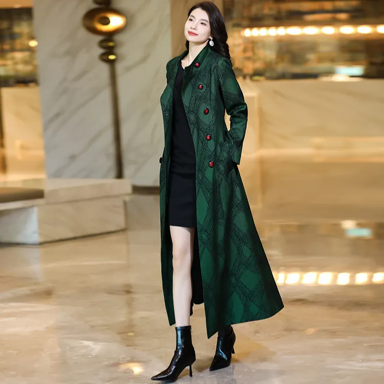 风衣气质时尚绿色过膝过膝修身长款女装春秋新款外套高级感2024新