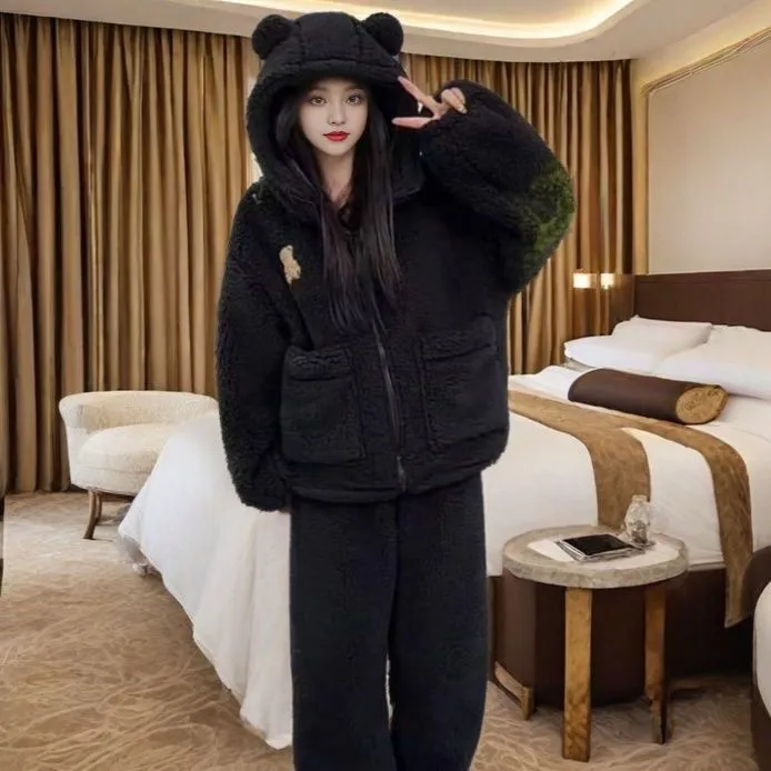 情侣睡衣女秋冬季新款保暖加绒加厚珊瑚绒连帽冬天男士家居服套装