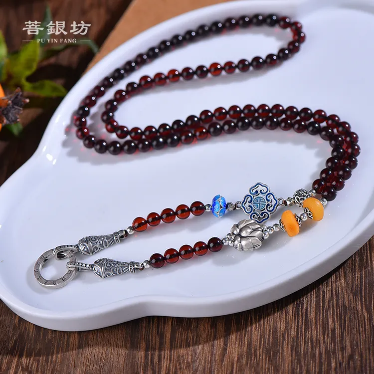 【菩银坊】65cm 血珀S925银 原创万能扣莲花如意百搭链