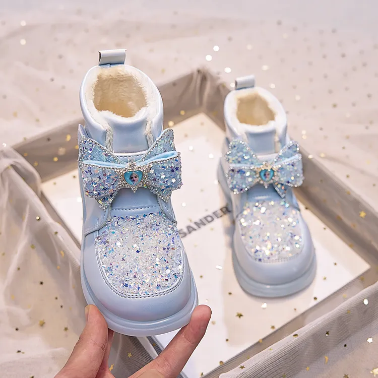 女童靴子棉靴2025秋冬新款儿童马丁靴加绒皮靴水晶公主鞋宝宝短靴