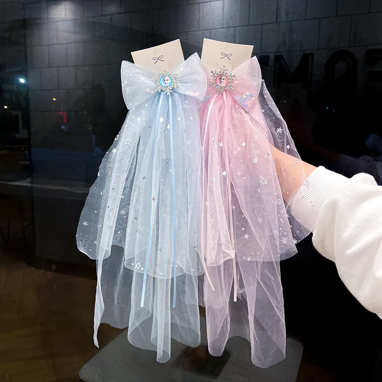 小女孩爱莎公主飘纱发夹后脑勺发卡儿童蝴蝶结头饰蕾丝长款发饰品