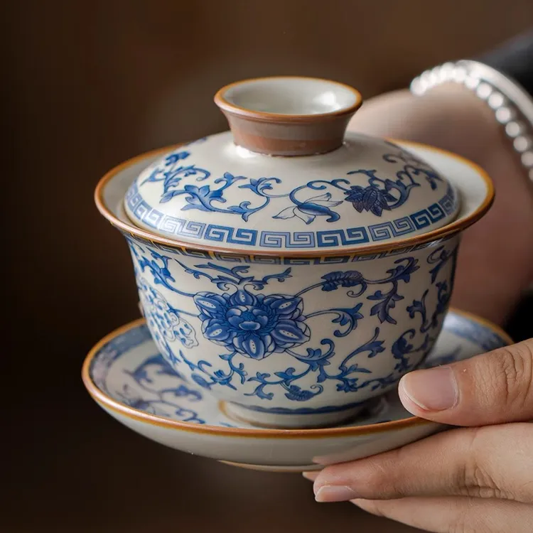 青花汝窑可悬停旋转三才盖碗单个高档泡茶碗茶杯2024新款功夫茶具