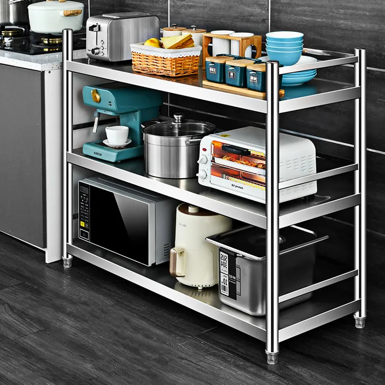 三层不锈钢围栏款厨房置物架多层收纳货架阳台家用微波炉烤箱架子