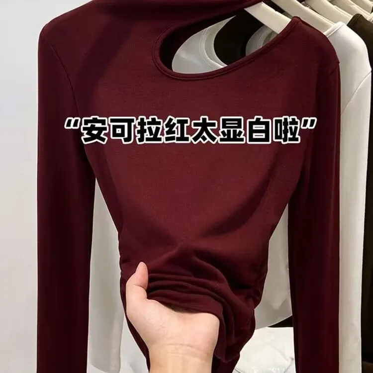 镂空半高领长袖t恤女秋冬季新款修身辣妹磨毛加绒打底衫内搭上衣