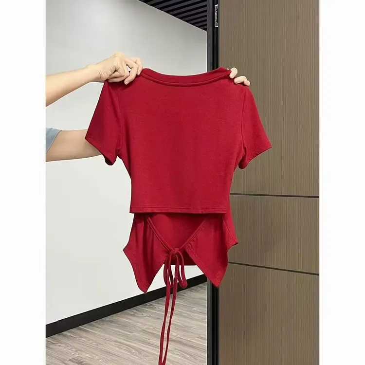 新款纯色正肩后背绑带设计感小众圆领减龄夏季短袖T恤女收腰上衣