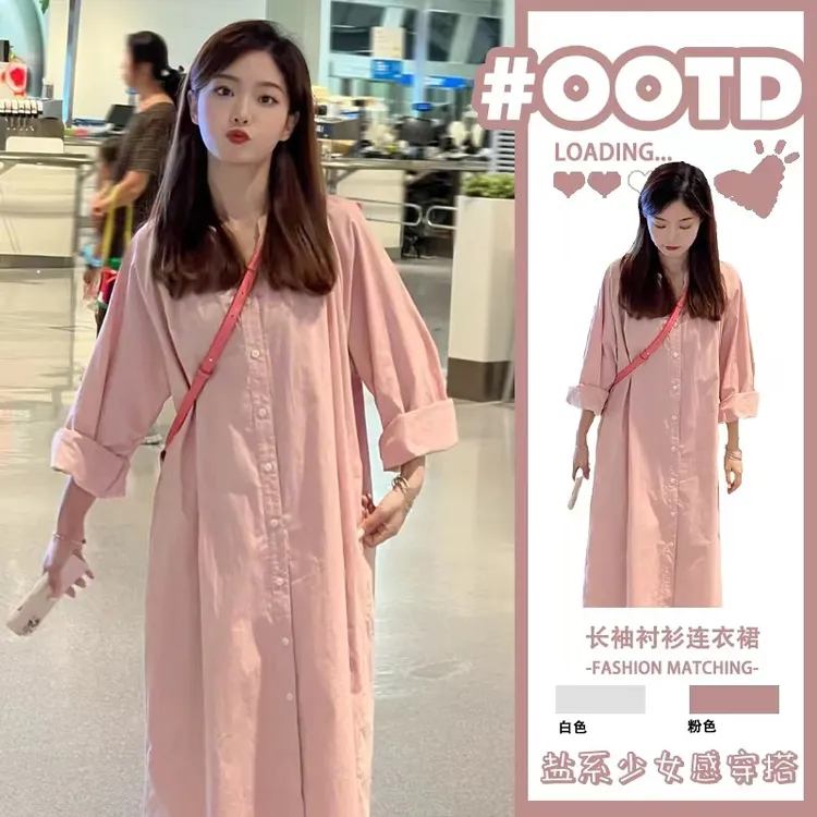 孕妇连衣裙春秋2025新款粉色宽松显瘦减龄时尚长袖休闲衬衫中长款