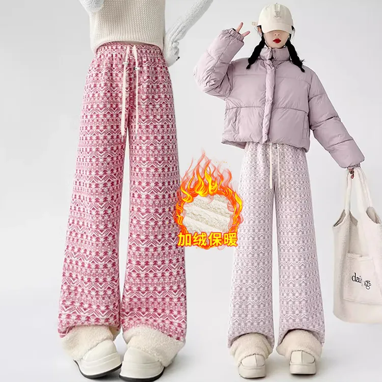 孕妇裤子冬季外穿糯米裤保暖加绒加厚直筒格子裤休闲阔腿裤秋冬款