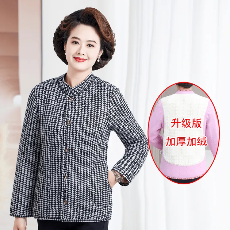 秋冬新款妈妈装加绒加厚外套中老年女装长袖棉衣大码花棉袄保暖