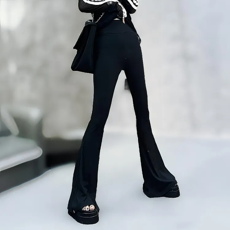 加厚黑色喇叭裤女时尚加绒喇叭紧身裤高腰显瘦净色弹力长裤瑜伽裤