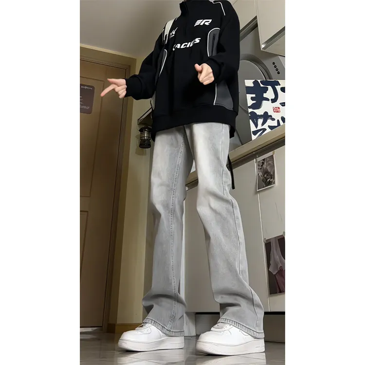 烟灰色微喇牛仔裤男秋冬季加绒加厚vibe高街弹力水洗cleanfit裤子