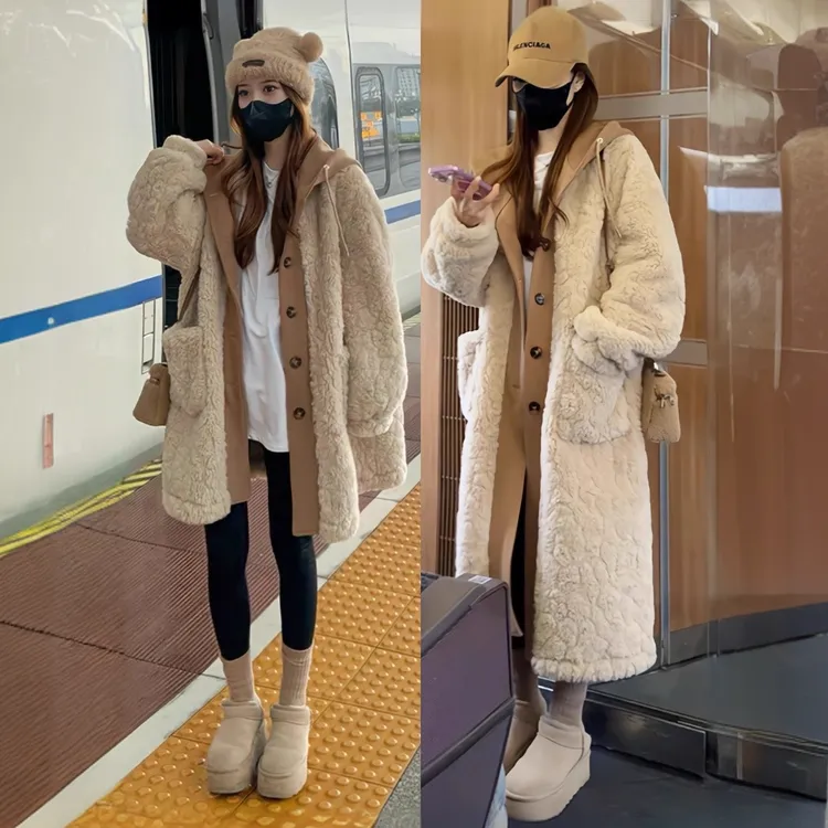 韩版慵懒风假两件羊羔绒皮毛一体外套女冬季新款连帽大衣加厚保暖