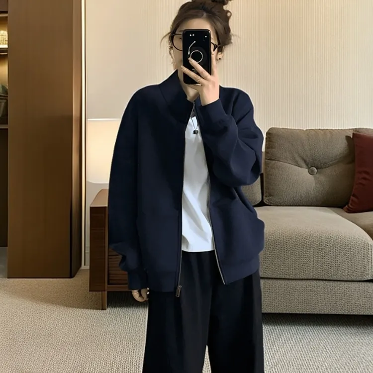 HONG JIA LIN/虹嘉琳慵懒松弛感拉链开衫立领卫衣外套大码百搭潮