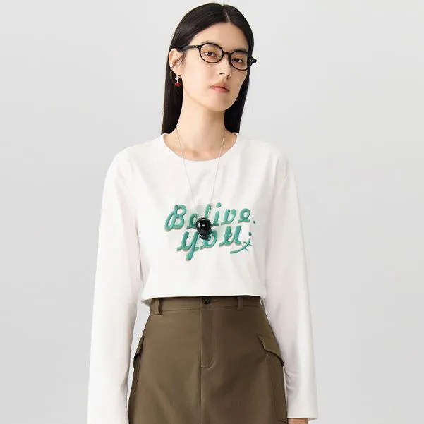 独束微胖大码女装气质感时尚通勤风百搭刺绣长袖t恤女24DS83134