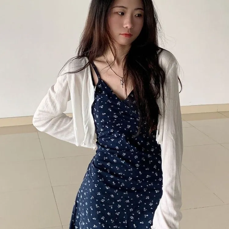 清新夏日白色冰丝夏季防晒气质吊带开衫裙子外搭小坎肩背心短外套