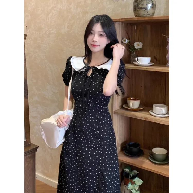 法式娃娃领波点赫本风连衣裙女装夏小黑裙小个子显瘦辣妹潮流百搭