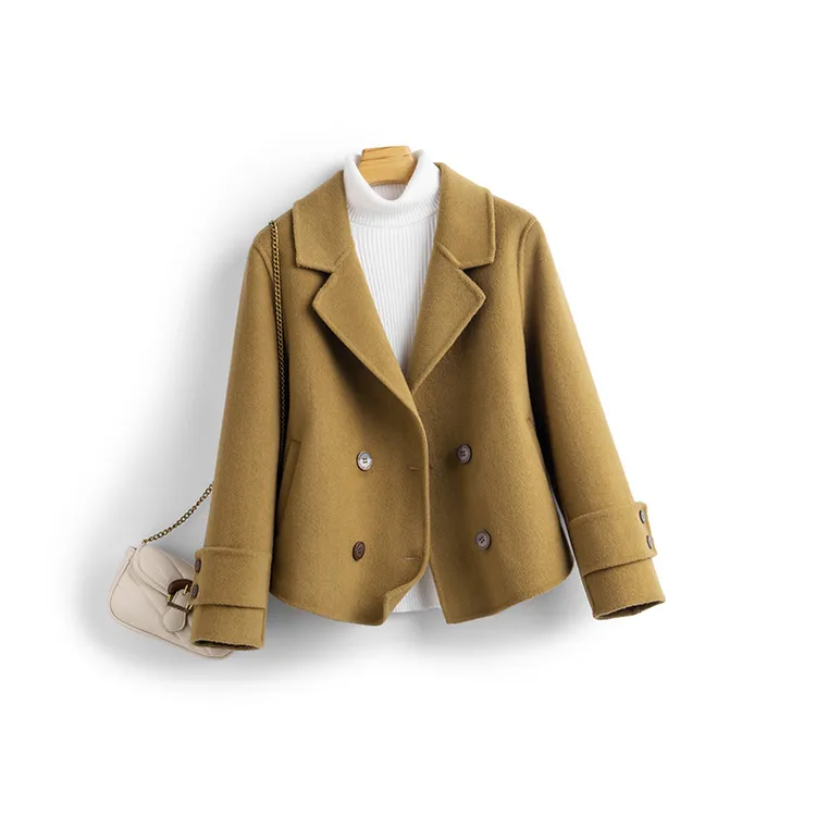 100%绵羊毛新款西装领纯羊毛双面呢大衣短款女气质毛呢外套