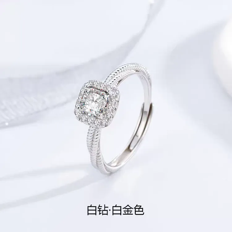 足银戒指 足银戒指女纯银锆石开口可调节指环轻奢方钻尾戒