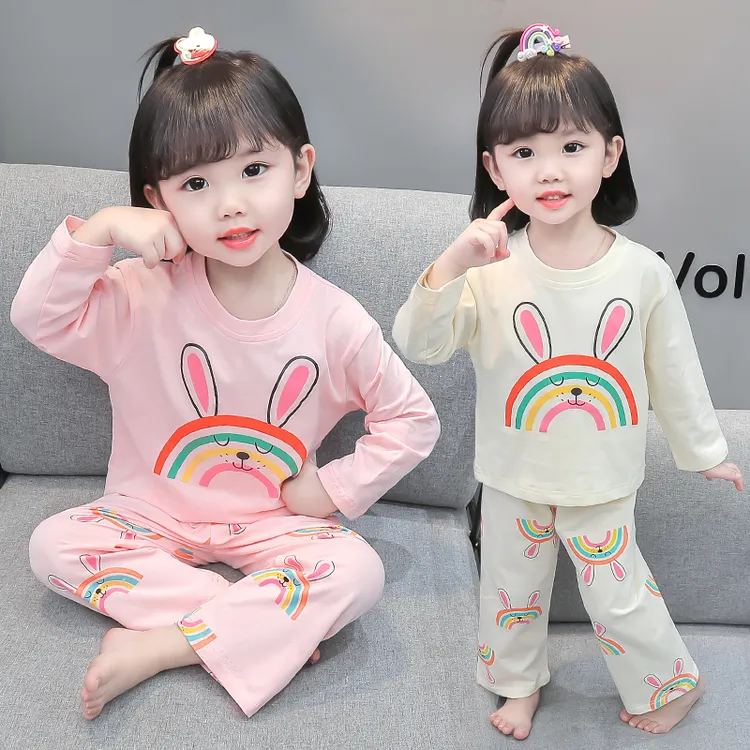 女童春秋纯棉睡衣儿童长袖家居服儿童两件套新款彩虹兔分体套装潮
