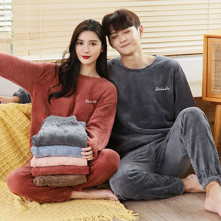 情侣款珊瑚绒短毛绒睡衣男女秋冬季宽松加厚可外穿暖暖衣套装