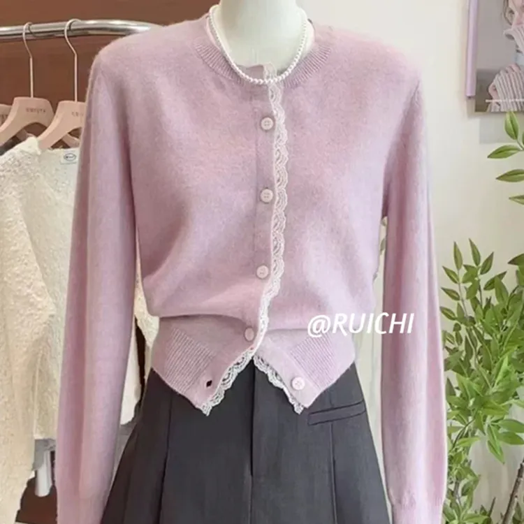 好温柔香芋紫2026新款高级感蕾丝拼接针织开衫毛衣外套长袖女