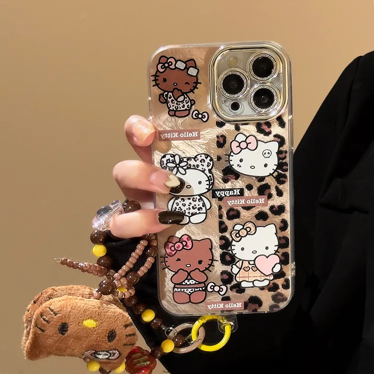 镜头膜棕色豹纹猫咪苹果16手机壳iphone14毛绒15promax挂链12硬13