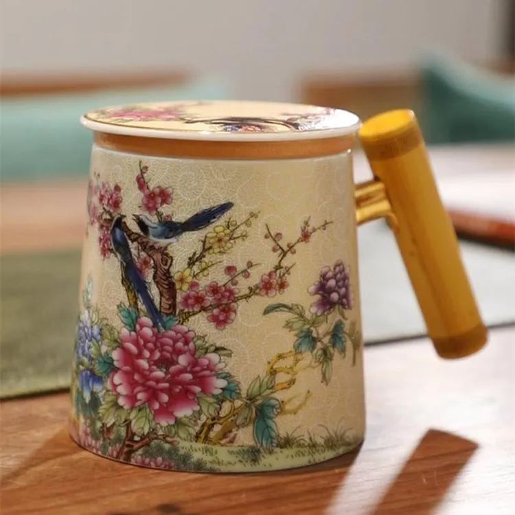 成艺珐琅彩牡丹马克杯办公杯茶具家用泡茶杯带盖中式定制茶具礼品