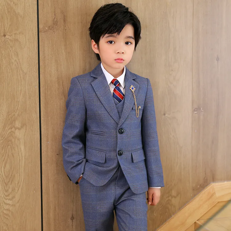 韩版小西服英伦男童婚礼男孩帅休闲花童演出服大童秋冬格子儿童节
