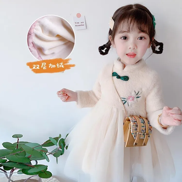 童装儿童洋气加绒连衣裙时尚冬季新款女童中国风仿貂绒裙子公主裙