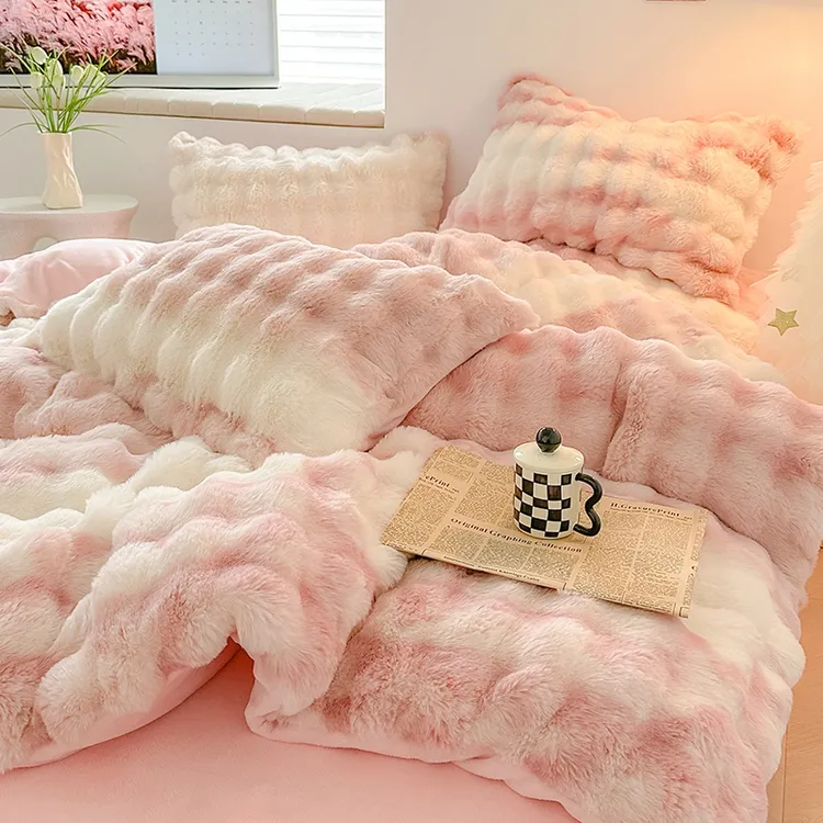 高端托斯卡纳兔兔长毛绒加厚保暖牛奶绒轻奢被套四件套床上用品