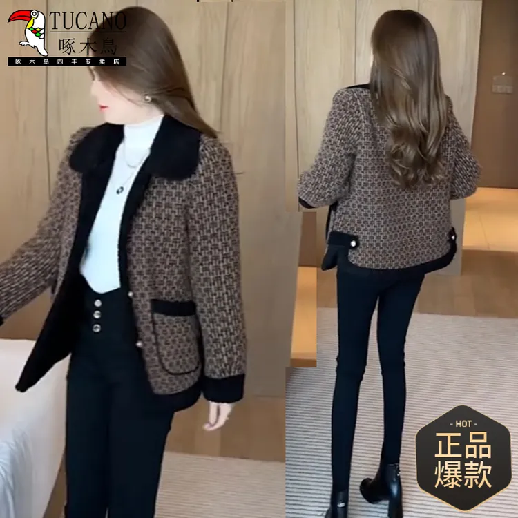 时尚百搭毛呢外套2024秋冬新款休闲宽松加厚气质短外套中老年外套