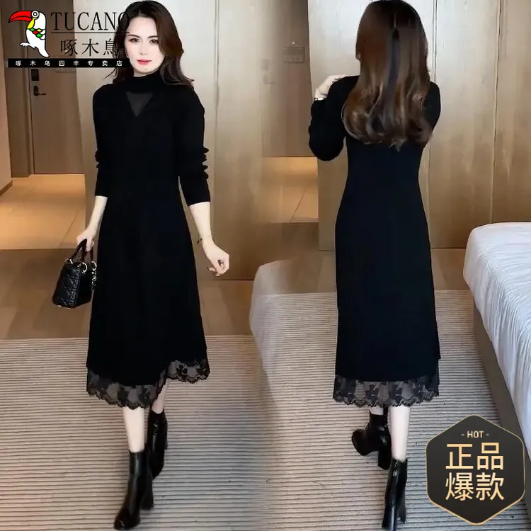 啄木鸟时尚连衣裙女2025秋冬新款洋气质显瘦中长款蕾丝拼接针织打